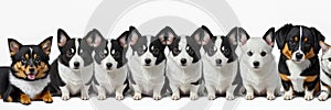 many dogs of different breeds and sizes on white background. web banner for advertising veterinary clinics, grooming salons and