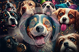 Many dogs pets celebrating new year illustration generative ai