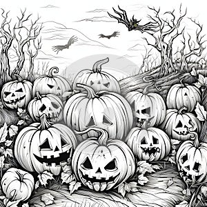 Many dozens of jack-o-lantern pumpkins on the field in the background flying bats and dry trees, Halloween black and white picture