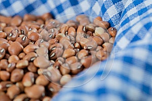 Many of dried raw brown kidney beans on a tablecloth