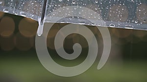 Many drops of water accumulated on transparent plastic dome of an umbrella.