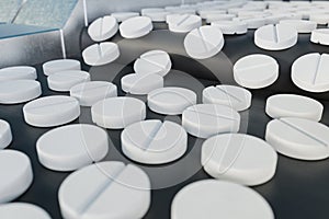 Many drugs on pharmaceutical production line. 3D rendered illustration.