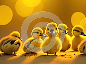 many duckling on yellow pastel background. ai generative