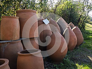 Many earthenware jugs for wine and food. Georgia