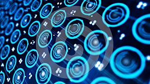 Many electronic circles. Many small electronic blue circles on dark background. Abstract animation of electronically