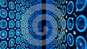 Many electronic circles. Many small electronic blue circles on dark background. Abstract animation of electronically