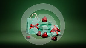 Many elegant teal blue gift boxes with red hearts isolated on green background