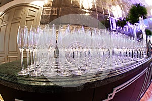 Many empty wine glasses