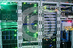 Many equipment is installed in the server room of the data center. The central technical site of the Internet provider. The main