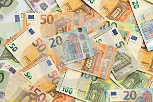 Many european euro money bills. Lot of banknotes of european union currency