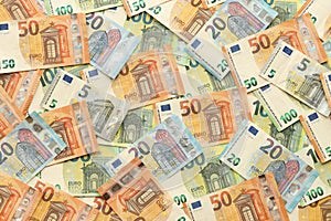 Many european euro money bills. Lot of banknotes of european union currency
