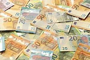 Many european euro money bills. Lot of banknotes of european union currency