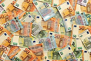 Many european euro money bills. Lot of banknotes of european union currency