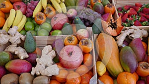 Many exotic fruits on a market in Funchal, Madeira, Portugal