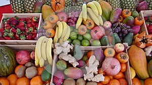 Many exotic fruits on a market in Funchal, Madeira, Portugal