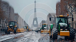 many farm tractors driving along the road in the city, with the Eiffel Tower in the background, road strike