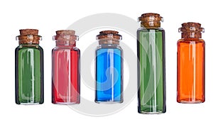 Many filled glass bottles on isolated background