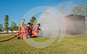 Many fireman from rescue team are going to fight the fire