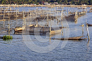 Many fish ponds in Rowo Jombor lake, Klaten, Indonesia