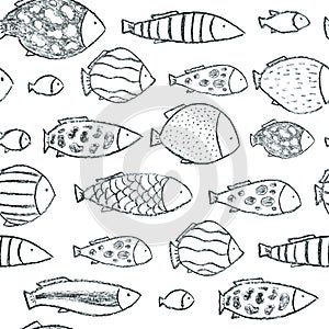 Many fishes swimming in the water. Seamless pattern.