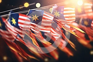 Many flags of different countries flying in the air. 3D rendering, A garland of Malaysia national flags on an abstract blurred