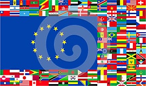 Many flags of different countries of the world are located in the form of a frame with a large European Union flag in the center