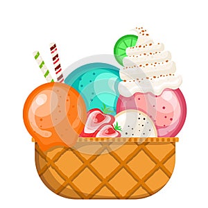 Many flavors of ice cream scoops waffle cone.