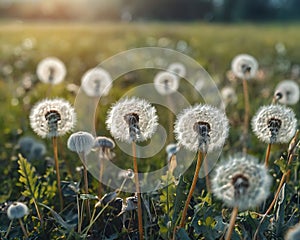 Many fluffy beautiful dandelions in a meadow in a field