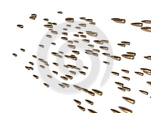 Many flying bullets isolated on white background