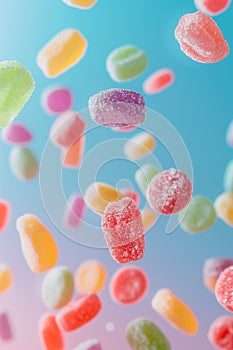 Many flying candies on pastel pink background