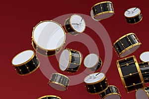 Many of flying drums or drumset on red background