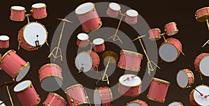 Many of flying drums with metal cymbals or drumset on black background