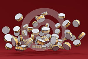 Many of flying drums or drumset on red background