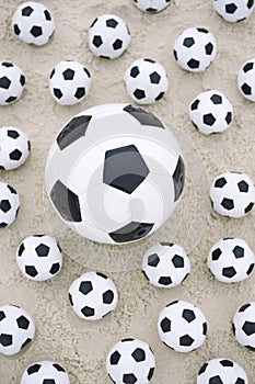 Many Footballs Soccer Balls Different Sizes Beach Sand