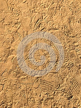 Many footprint on the sand beach texture background.