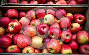 Many fresh apple in wooden boxes. Farmers market