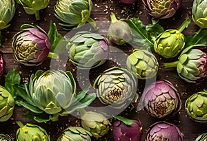 many fresh artichokes arranged in rows, on a wooden surface