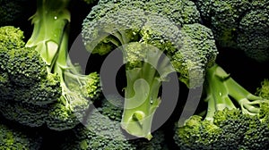 many fresh green head of broccoli on a dark background, close-up, top view. Generative AI