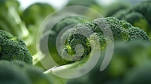 many fresh green head of broccoli on a dark background, close-up, top view. Generative AI