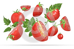 Many fresh ripe tomatoes and green leaves falling on white background