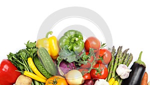 Many fresh ripe vegetables on white background