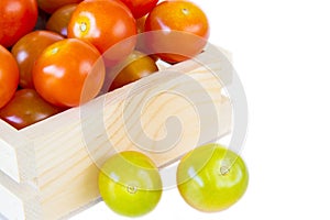 Many fresh tomato on crate pallet isolated on white background c