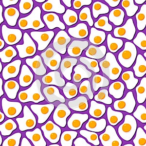 Many fried eggs on blue background, food in the flat style, abstract vector design seamless pattern