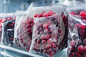 Many frozen berries in plastic bags, deep freeze red and black currants, iced fruits, healthy eating