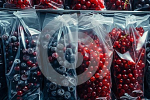 Many frozen berries in plastic bags, deep freeze red and black currants, iced fruits, healthy eating