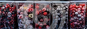 Many frozen berries in plastic bags, deep freeze red and black currants, iced fruits, healthy eating