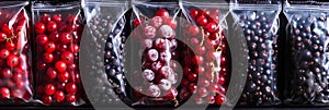 Many frozen berries in plastic bags, deep freeze red and black currants, iced fruits, healthy eating