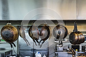 Many frying pans hanging in the kitchen, closeup