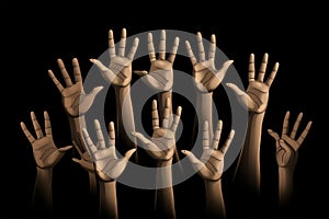 Many funny four finger hands palms up, first AI hand image with unusual amount of fingers. Generative AI