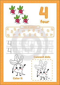Many games on one page for preschool kids. Learning number 4